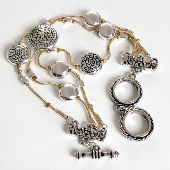 Three Stranded Silver and Gold Tone Beaded Adjustable Bracelet - Picture 9 of 16